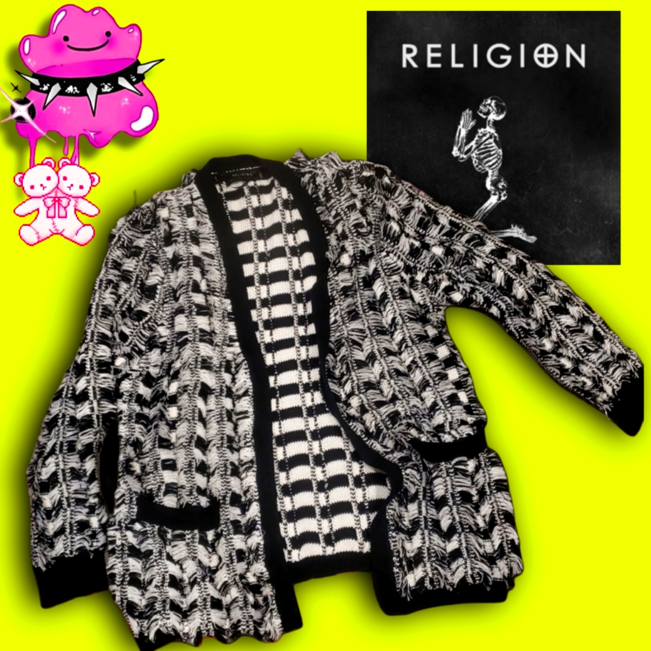 Religion We_live_in_black Black And White Fuzzy Cardigan